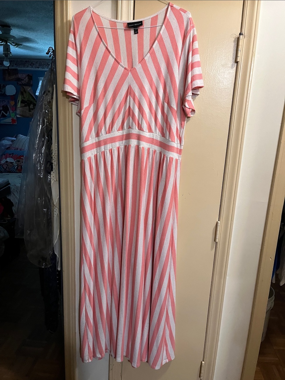 Lane Bryant Coral and White Striped V-Neck Maxi Dress